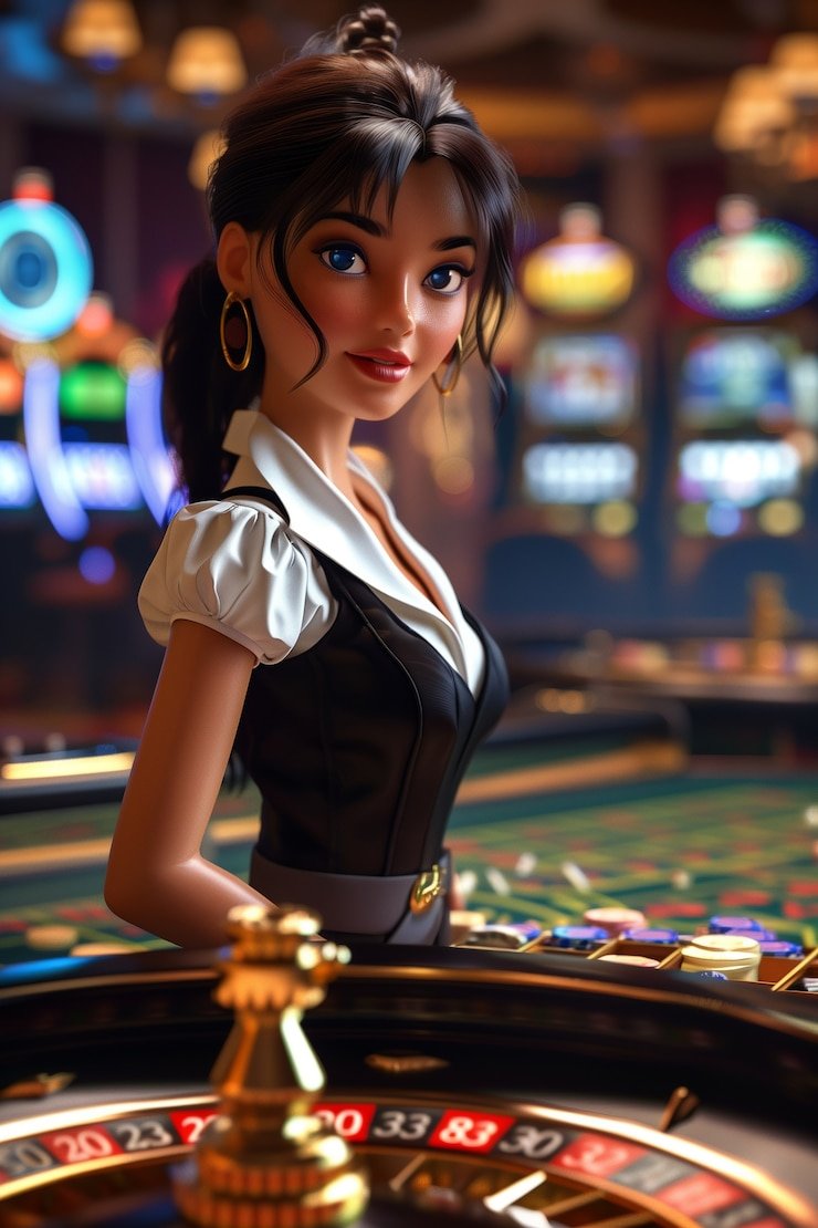 Dealer kasino langsung yang profesional mengatur permainan di ruangan studio dengan pencahayaan keren